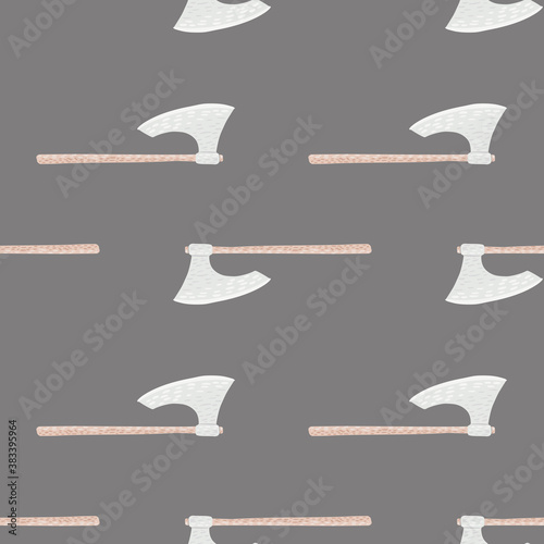 Seamless stylized middle ages pattern with viking ax silhouettes. Pale ornament in grey tones. History weapon backdrop.