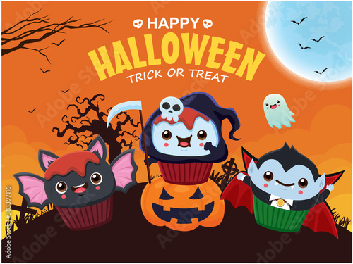 Vintage Halloween poster design with vector bat, reaper, vampire, ghost character. 