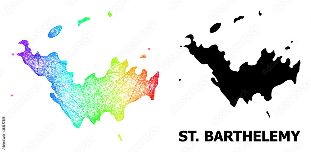 Wire frame and solid map of Saint Barthelemy. Vector structure is created from map of Saint Barthelemy with intersected random lines, and has rainbow gradient.