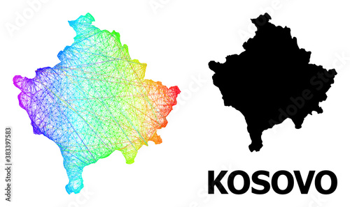 Net and solid map of Kosovo. Vector structure is created from map of Kosovo with intersected random lines, and has bright spectral gradient. Abstract lines are combined into map of Kosovo.