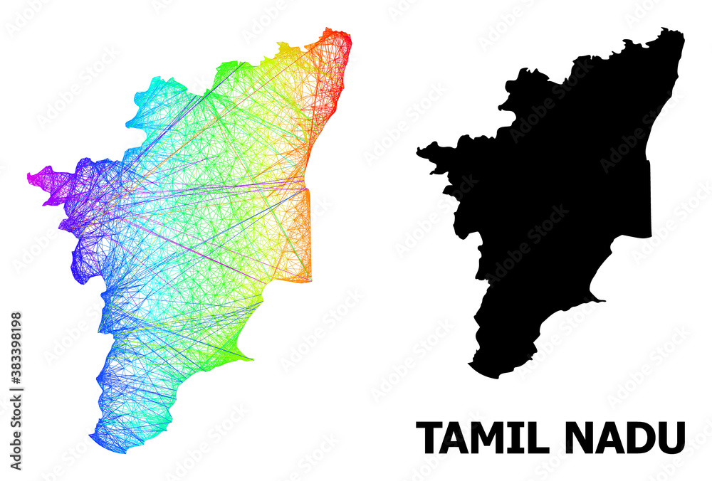 Network and solid map of Tamil Nadu State. Vector model is created from map of Tamil Nadu State with intersected random lines, and has spectral gradient.