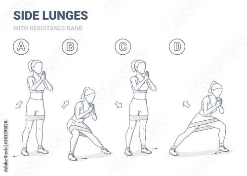 Side Lunges with Resistance Band Female Exercise Guide Black and White Concept.