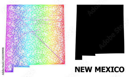 Network and solid map of New Mexico State. Vector structure is created from map of New Mexico State with intersected random lines, and has spectrum gradient.