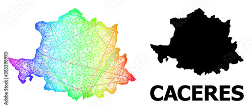 Wire frame and solid map of Caceres Province. Vector structure is created from map of Caceres Province with intersected random lines, and has spectral gradient.