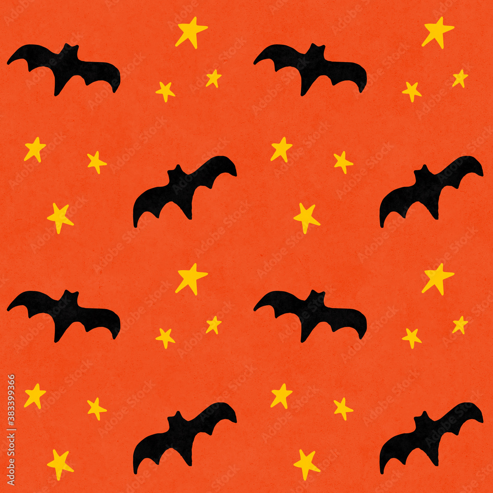 halloween themed cute simple spooky vampire bats and stars seamless repeating pattern tile in black yellow and orange