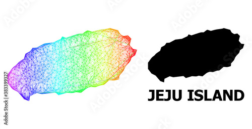 Wire frame and solid map of Jeju Island. Vector structure is created from map of Jeju Island with intersected random lines, and has bright spectral gradient. Abstract lines form map of Jeju Island.
