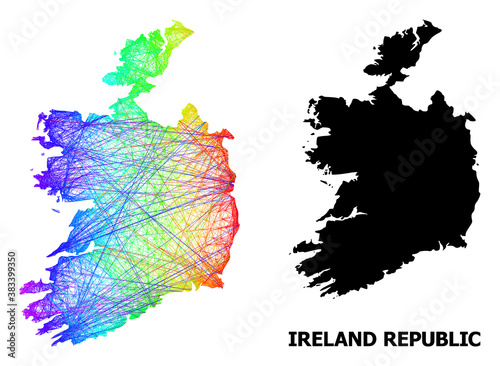 Wire frame and solid map of Ireland Republic. Vector structure is created from map of Ireland Republic with intersected random lines, and has bright spectral gradient.