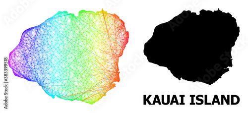 Wire frame and solid map of Kauai Island. Vector structure is created from map of Kauai Island with intersected random lines, and has spectral gradient.