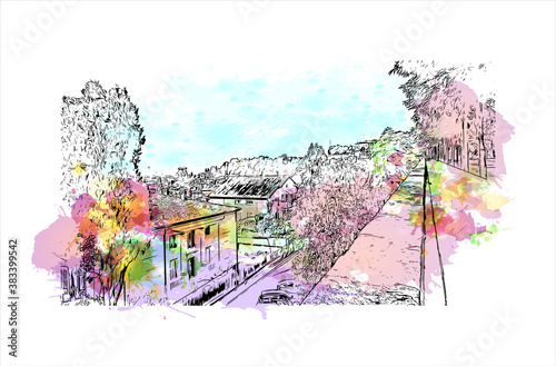 Building view with landmark of Bergamo is a city in the alpine Lombardy region of northern Italy. Watercolor splash with hand drawn sketch illustration in vector.