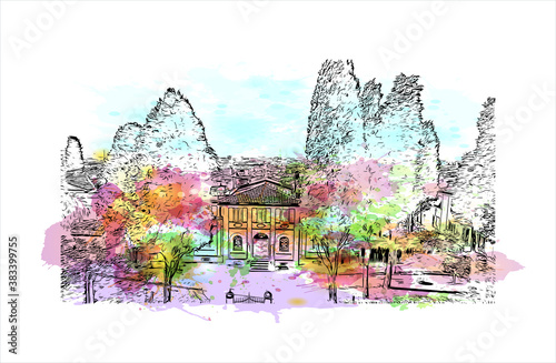 Building view with landmark of Bergamo is a city in the alpine Lombardy region of northern Italy. Watercolor splash with hand drawn sketch illustration in vector.