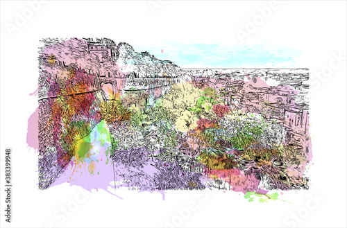 Building view with landmark of Bergamo is a city in the alpine Lombardy region of northern Italy. Watercolor splash with hand drawn sketch illustration in vector.