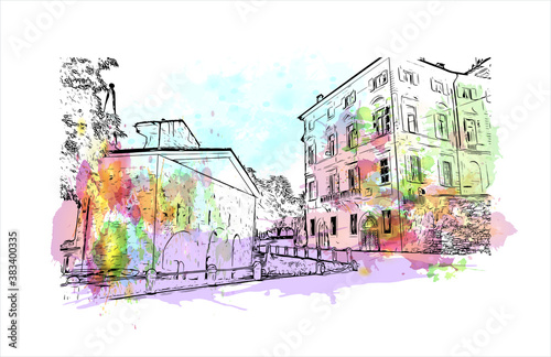 Building view with landmark of Bergamo is a city in the alpine Lombardy region of northern Italy. Watercolor splash with hand drawn sketch illustration in vector.