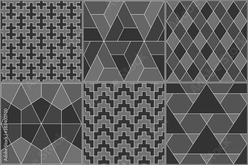 Collection of six ethnic seamless patterns. Rhombuses, diamonds, lozenges, triangles, hexagons, crosses motif. Folk prints. Geometrical ornaments set. Tribal wallpapers. Abstracts images. Vector arts.