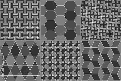 Collection of six ethnic seamless patterns. Rhombuses, diamonds, lozenges, triangles, hexagons, crosses, kites images. Folk prints. Geometrical ornaments set. Tribal wallpapers. Abstracts. Vectors.