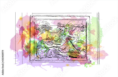 Building view with landmark of Bergamo is a city in the alpine Lombardy region of northern Italy. Watercolor splash with hand drawn sketch illustration in vector.