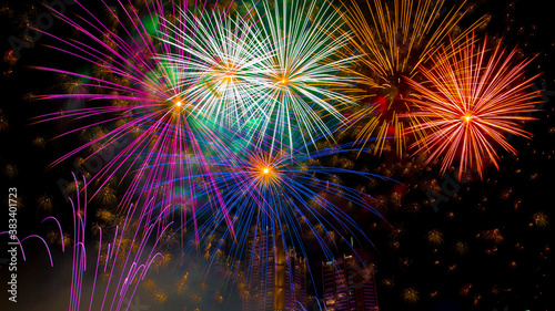 Colourful New Years Fireworks Display lighting up the night sky at Chao Phraya river. as New Year Day, Christmas eve, Independence Day 4th July or party event. isolated on black
