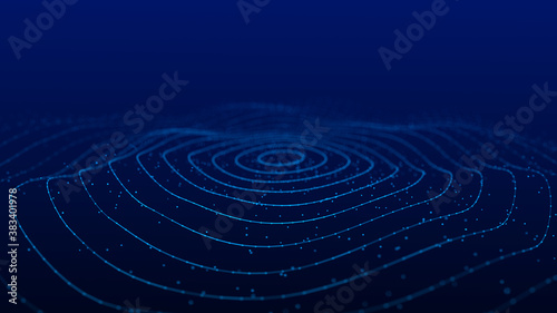 Wave of particles. Abstract background with a dynamic wave. Futuristic wave of blue dots. Futuristic particles background. Big data visualization. 3D rendering.