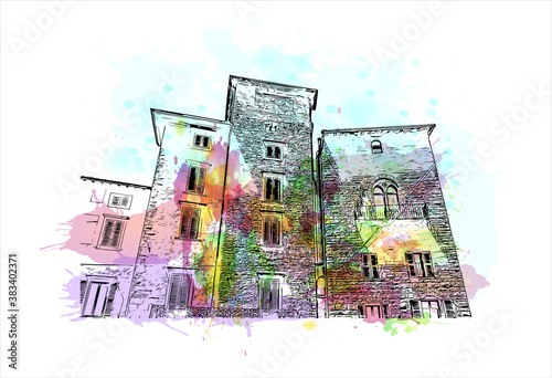 Building view with landmark of Bergamo is a city in the alpine Lombardy region of northern Italy. Watercolor splash with hand drawn sketch illustration in vector.