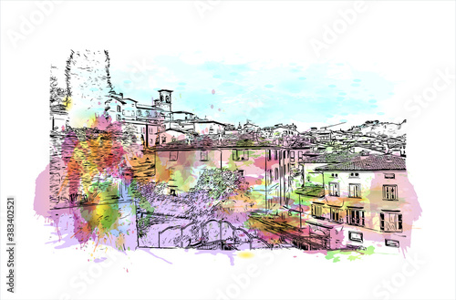 Building view with landmark of Bergamo is a city in the alpine Lombardy region of northern Italy. Watercolor splash with hand drawn sketch illustration in vector.