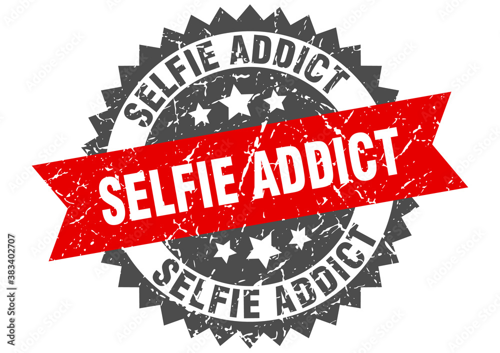 Obraz premium selfie addict stamp. grunge round sign with ribbon