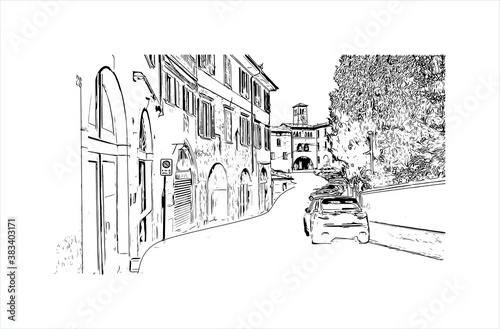 Building view with landmark of Bergamo is a city in the alpine Lombardy region of northern Italy. Hand drawn sketch illustration in vector.