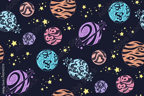 Planets seamless pattern. Colorful doodle solar system, dark background. Astronomical observatory. Moon mercury venus earth mars jupiter saturn neptun. Vector astronomy galaxy space