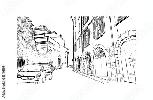 Building view with landmark of Bergamo is a city in the alpine Lombardy region of northern Italy. Hand drawn sketch illustration in vector.