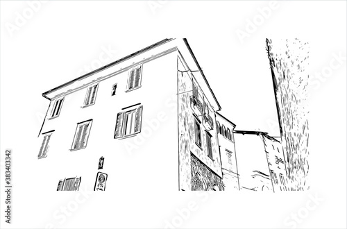 Building view with landmark of Bergamo is a city in the alpine Lombardy region of northern Italy. Hand drawn sketch illustration in vector.