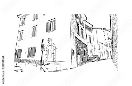 Building view with landmark of Bergamo is a city in the alpine Lombardy region of northern Italy. Hand drawn sketch illustration in vector.