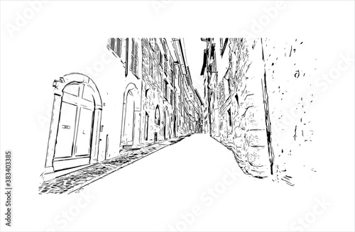 Building view with landmark of Bergamo is a city in the alpine Lombardy region of northern Italy. Hand drawn sketch illustration in vector.