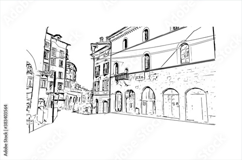 Building view with landmark of Bergamo is a city in the alpine Lombardy region of northern Italy. Hand drawn sketch illustration in vector.