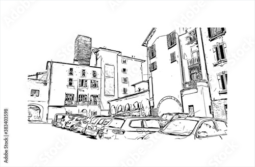 Building view with landmark of Bergamo is a city in the alpine Lombardy region of northern Italy. Hand drawn sketch illustration in vector.