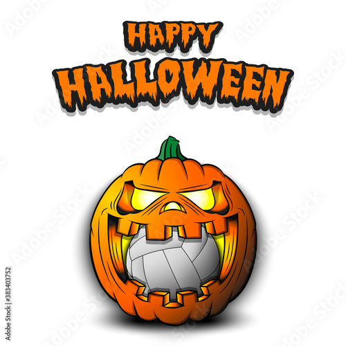 Happy Halloween. Volleyball ball inside frightening pumpkin. The pumpkin swallowed the ball with burning eyes. Design template for banner, poster, greeting card, party invitation. Vector illustration