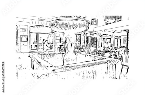 Building view with landmark of Bergamo is a city in the alpine Lombardy region of northern Italy. Hand drawn sketch illustration in vector.