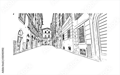 Building view with landmark of Bergamo is a city in the alpine Lombardy region of northern Italy. Hand drawn sketch illustration in vector.