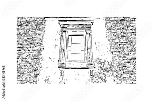 Building view with landmark of Bergamo is a city in the alpine Lombardy region of northern Italy. Hand drawn sketch illustration in vector.