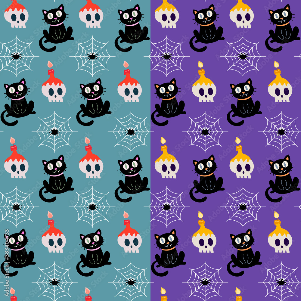 halloween pattern with cats and skulls
