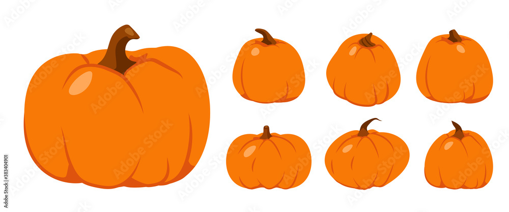 Set of Autumn pumpkin flat icon. Ripe vegetable squash. Cartoon different shape orange gourd. Symbol Thanksgiving and Halloween. Gather farm harvest, season crop capacity Isolated vector illustration