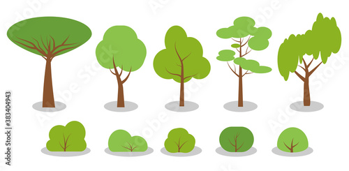 Flat cartoon green spring trees, bushes icons set. Summer season forest, park, garden oak, birch, fir, symbol. Simple different shape eco organic plant sign. Isolated on white vector illustration