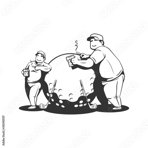 two fat guys doing golf while drink beer and smoking cigarette. vector illustration