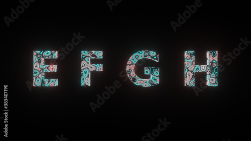 3D Illustration graphic of beautiful texture or pattern formation on the text E F G H, isolated on black background. 3d rendering abstract loop animation neon lighting effect on letter E F G H.