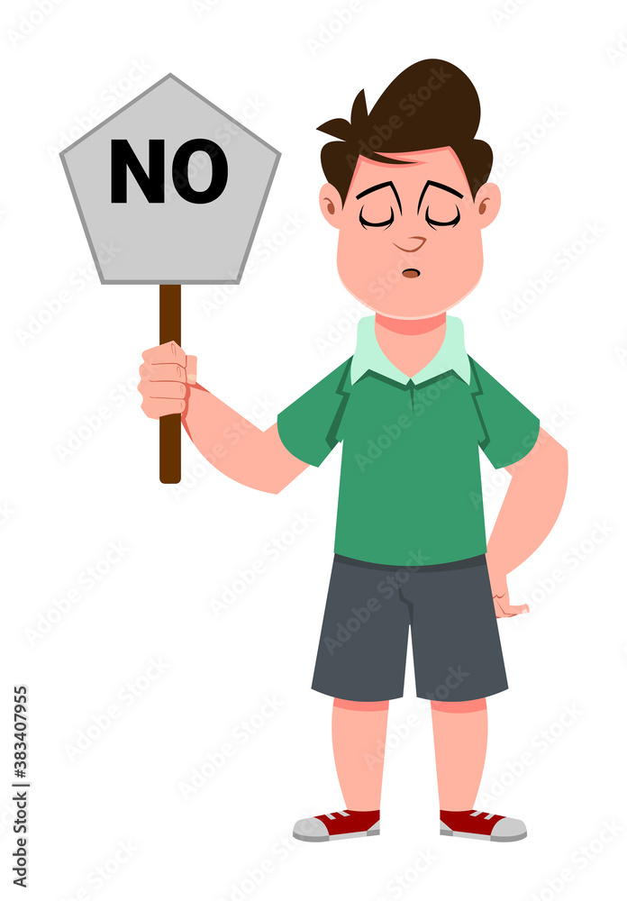 cute boy carries wrong sign. Cute kid flat style character for design, motion or design. cute boy carries wrong sign. Cute kid flat style character for design, motion or design.