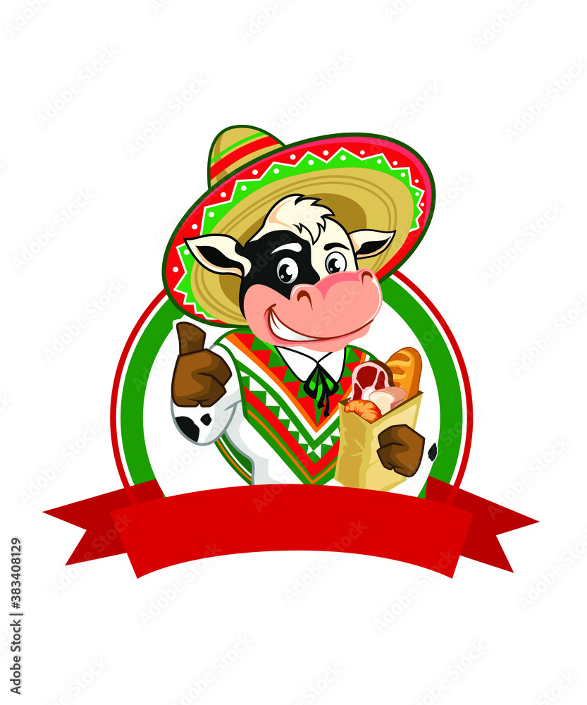 cow sombrero mascot cartoon in vector