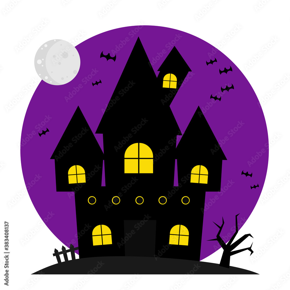 Haunted castle and full moon night. Halloween themed illustration