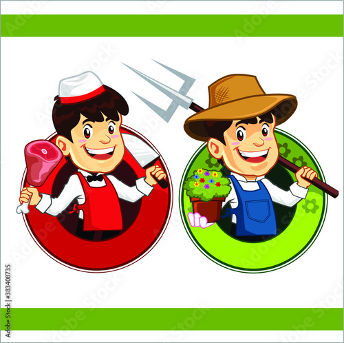 boy chef and boy farmer cartoon in vector