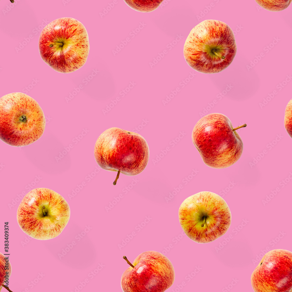 Seamless pattern with ripe apples. Tropical fruit abstract background. Apple seamless pattern on pink background. Seamless pattern with ripe apples. Tropical fruit abstract background. Apple seamless pattern on pink background.