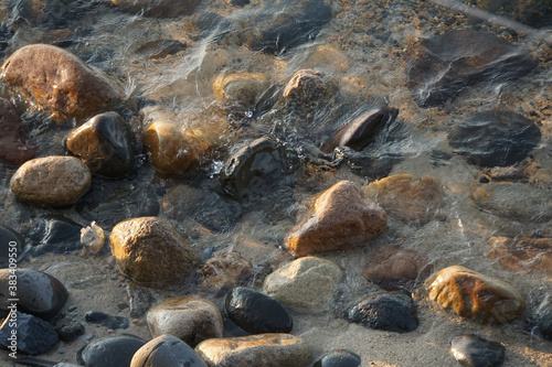 Rocks and pebbles sitting underwater on a sandy beach, during golden hour