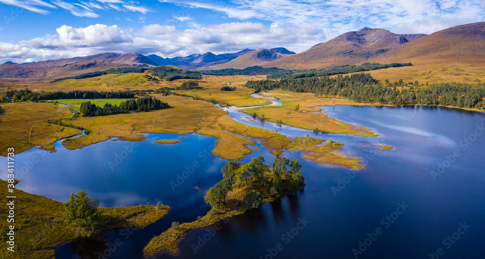 aerial drone image of loch tulla in the argyll region of the highlands of scotland during autumn on a clear bright day showing calm waters on the inland loch