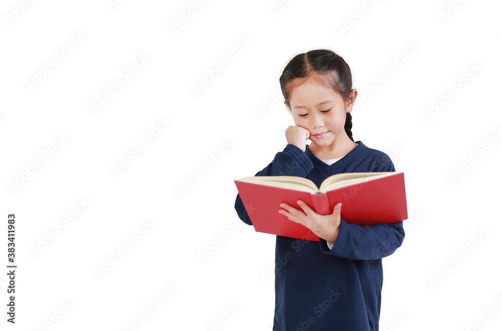 Asian little child girl in casual school uniform holding open book isolated on white background in studio shot. Education concept Asian little child girl in casual school uniform holding open book isolated on white background in studio shot. Education concept