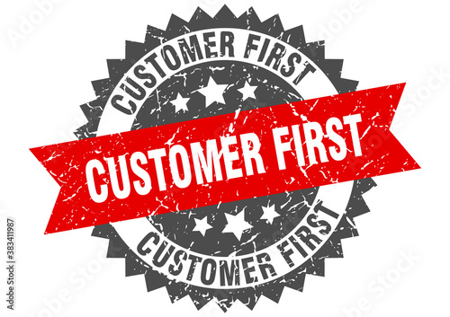 customer first stamp. grunge round sign with ribbon